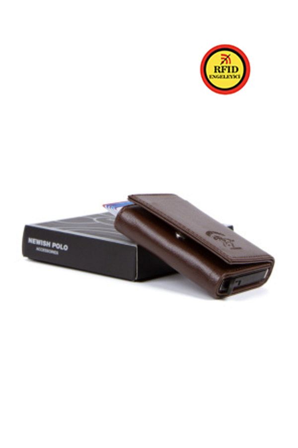 Newish-Men's Brown Faux Leather Aluminum Mechanism Slide Wallet and Card Holder 1