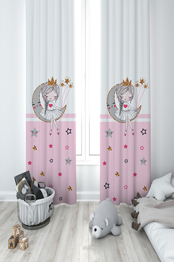 BAMBAŞKA MODA BEBEK VE ÇOCUK ODASI Ayda Oturan Prenses Kız Desenli Pembe 2 Kanat Fon Perde YBP-8390