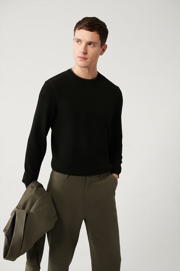 Avva-Schwarzer strukturierter Strickpullover mit doppeltem Kragen für Herren A32y5100 1