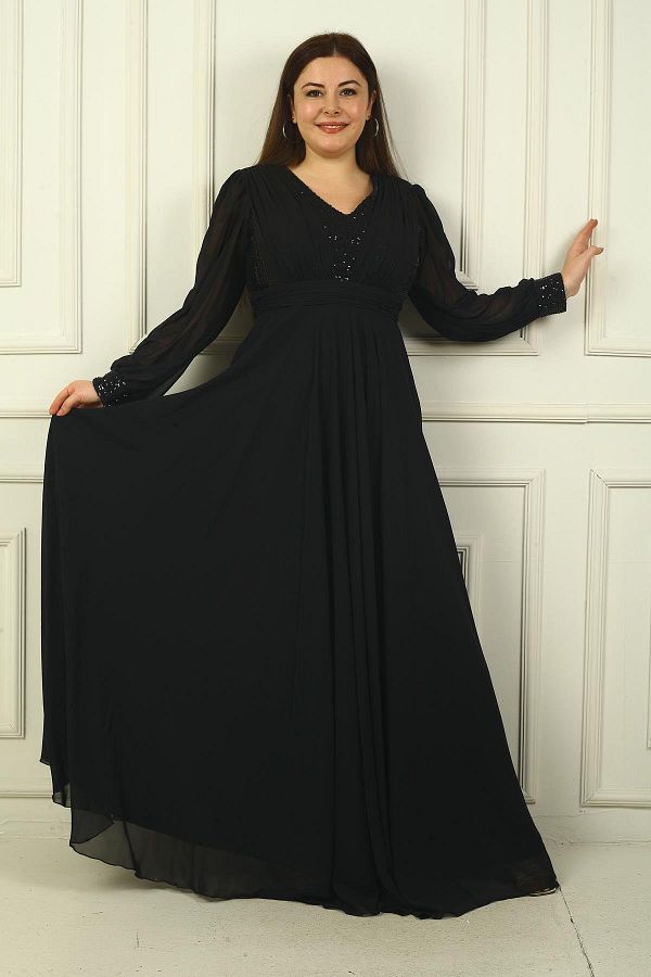 By Saygı-Dámské dlouhé šifonové večerní šaty s předním zadním výstřihem a výstřihem do V s podšívkou Plus Size 1