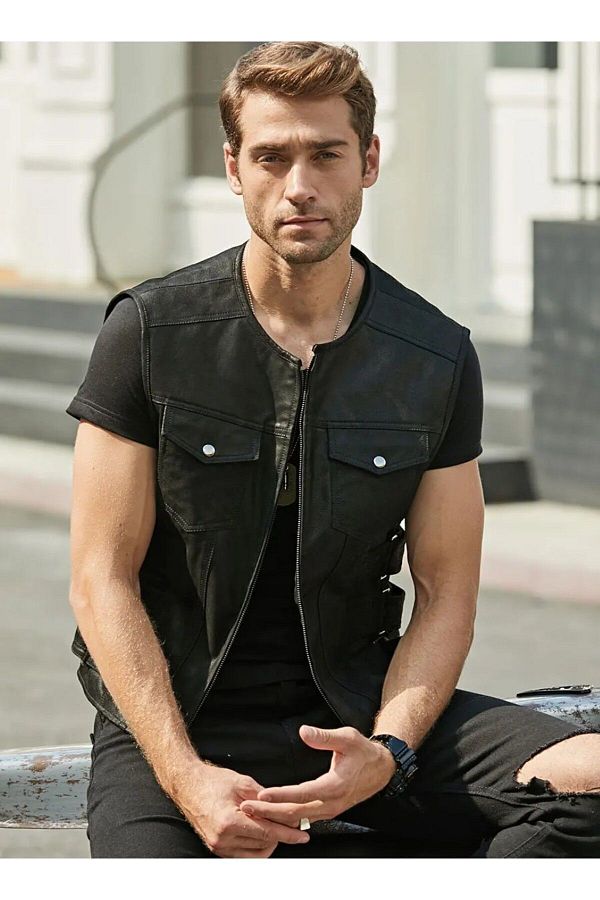 NYC GİYİM TEKSTİL Biker Vest - Genuine Zik Leather- Trendyol
