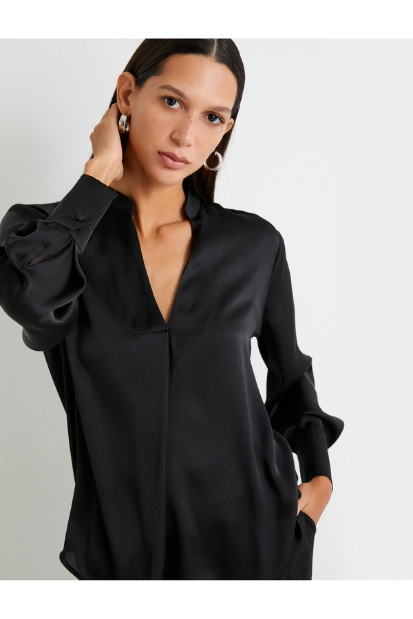 Koton Satin Bluse V-Ausschnitt Langarm- Trendyol