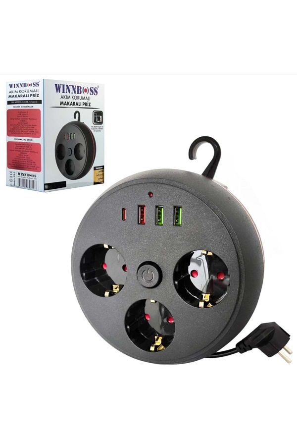 REWEL-Winnboss Wn-3395 Triple Current Shielded Plug Socket with Roller Switch 16A 4000 Watts 3Xusb 1Xtype-C 323083 1