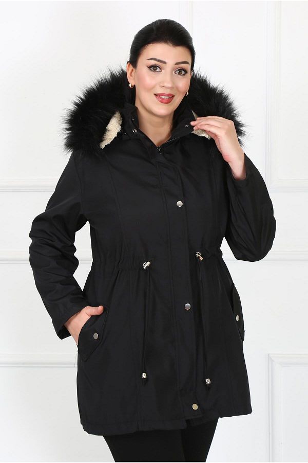 By Alba Collection-Дамско черно водоотблъскващо кожено палто с качулка и голям размер 1