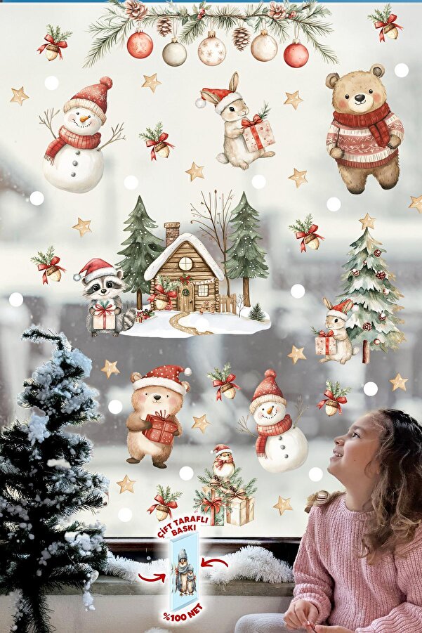 MSticker Çift Taraflı Baskılı Yılbaşı Evi ve Sevimli Hayvanlar Yeni Yıl Çocuk Bebek Odası Sticker Seti, Çift