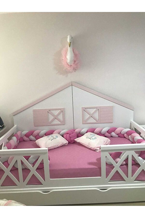 düğüm yastık 500 cm 3 örgü BEŞİK KORUMALIK - Tozpembe şeker pembe beyaz ( 90x190 cm yataklara uygundur )