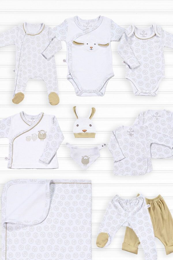 tinylamb Lamb Desenli Hastane Çıkışı Seti Organik Pamuk Unisex 11 Parça Yenidoğan Bebek Giyim Takımı