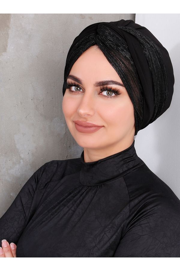 Differenza-Black Glitter Double Wrapped Bonnet 1