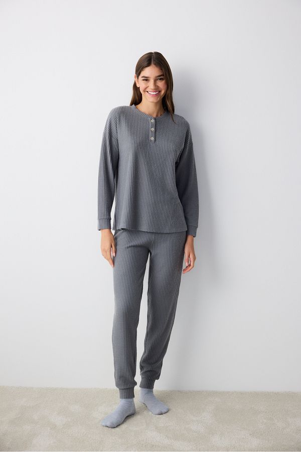 Penti-Dark Grey Waffle Tmavě šedé kalhoty Pyžamový set 1