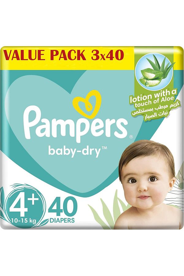 Pampers-Baby-Dry Diapers, Size 4+, Large +, 9-16 kg, Value Pack, 40x3 Count 1