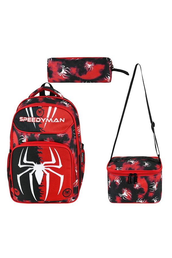 Alanç Gift-Luxury Primary School Backpack with Spider Pattern and Orthopedic Back Support for Boys - with Feeding and Pen Holder 1