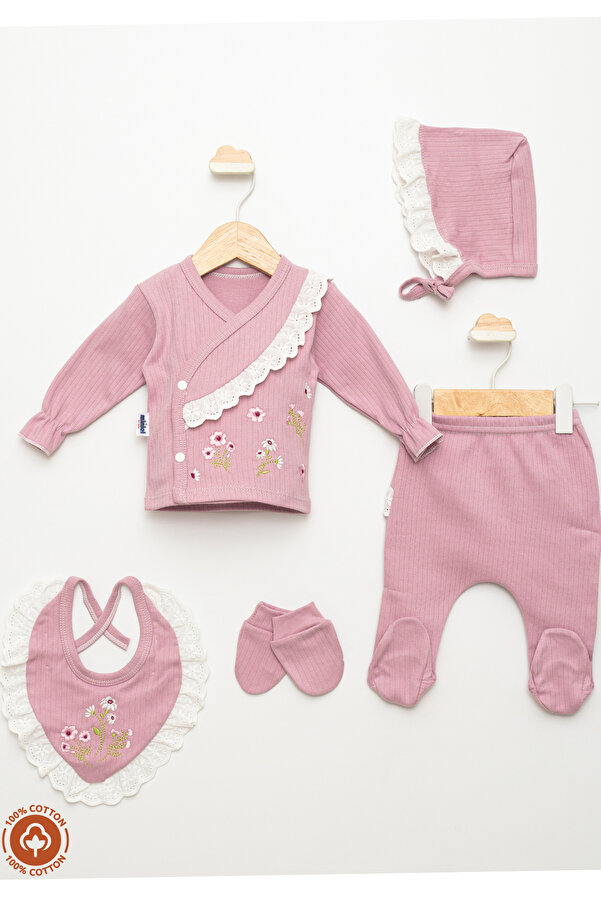 Miniel Kız Bebek Yeni Doğan Dantel Detaylı Lora Şapkalı 5'li Hastane Çıkış Seti