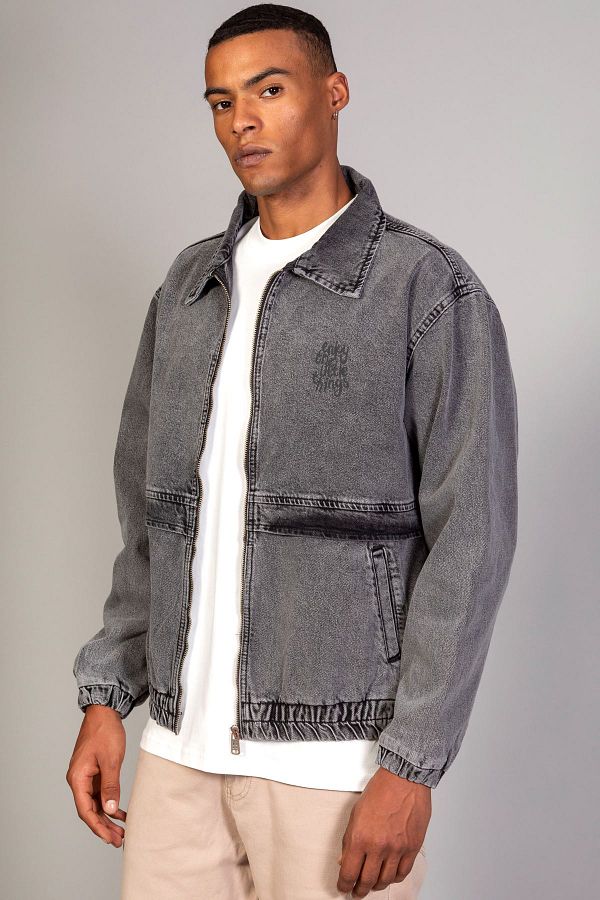Little Cup Oversize Snow Wash Printed Men s Zippered Bomber Jeans Jacket Trendyol