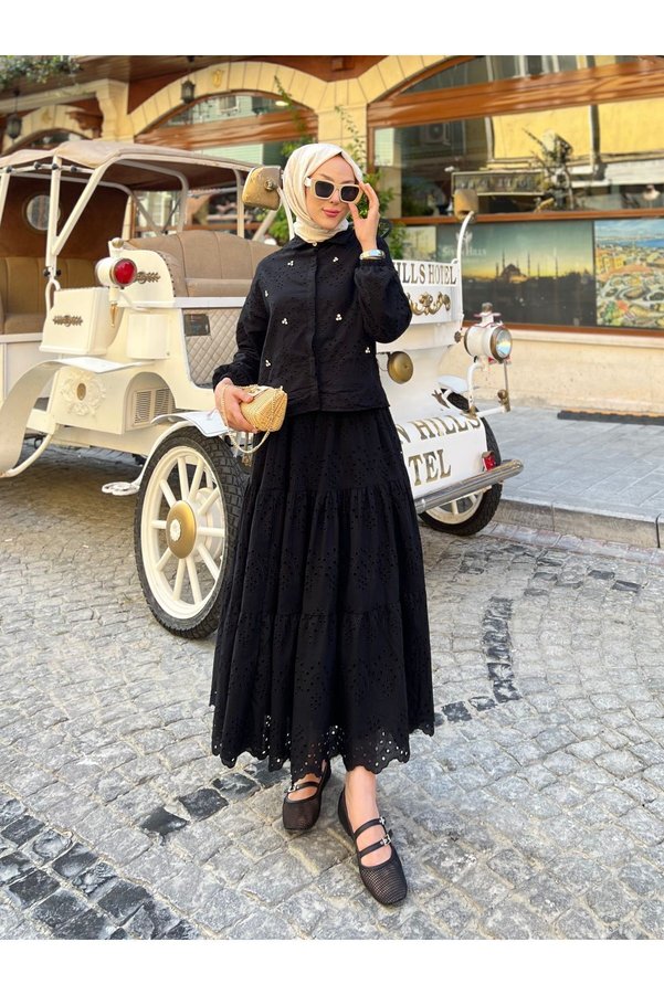 PİNK FLY Summer Stone Detail Long Skirt Eyelet Embroidery Modest Set Black