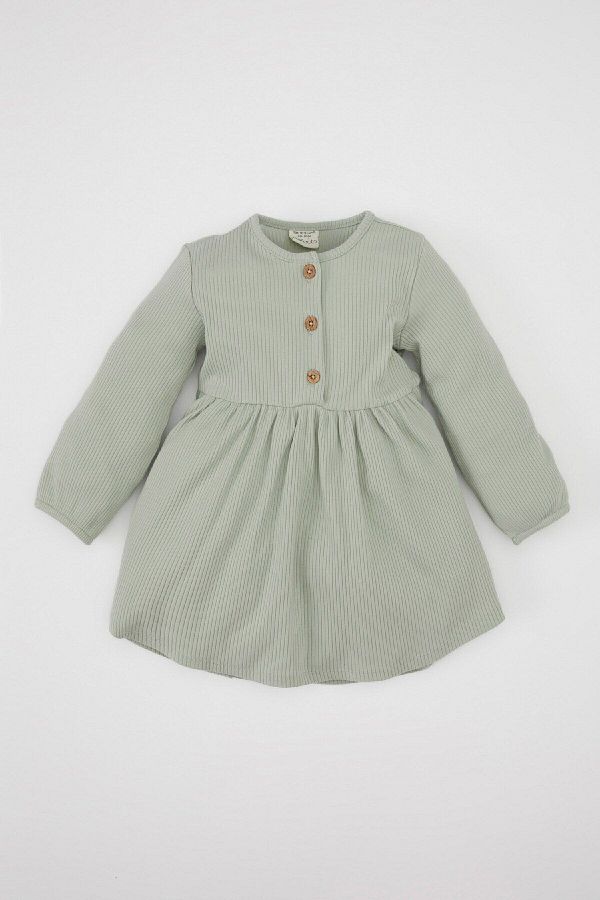 DeFacto-Baby-Mädchen-Basic-Kleid mit Rundhalsausschnitt, langen Ärmeln, geripptem Halbknopf-Unterhemd, einfarbig, A7522a524au 1