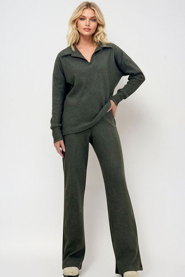 Trend Alaçatı Stili-Khakifarbenes Damen-Set aus Polokragen-Oberteil und Palazzon-Hose – ALC-796-001 1