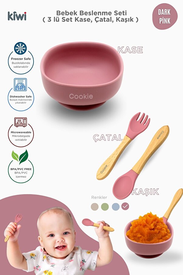 Kiwi 3 parça Kase Çatal Kaşık Beslenme Seti - Doğal Silikon BPA içermez- Dark Pink