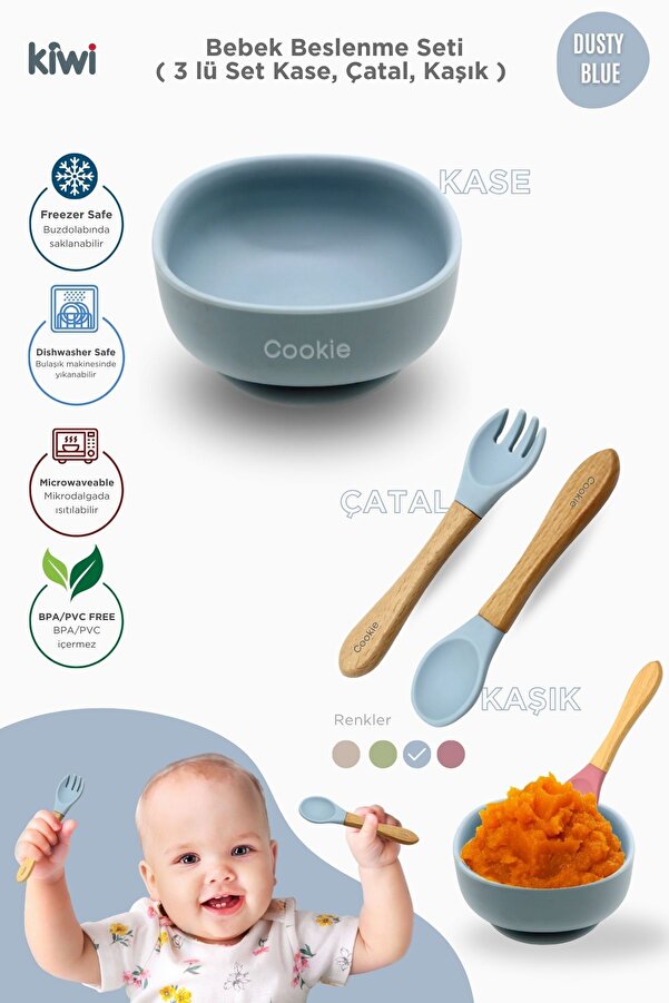 Kiwi 3 parça Kase Çatal Kaşık Beslenme Seti - Doğal Silikon BPA içermez- Dusty Blue