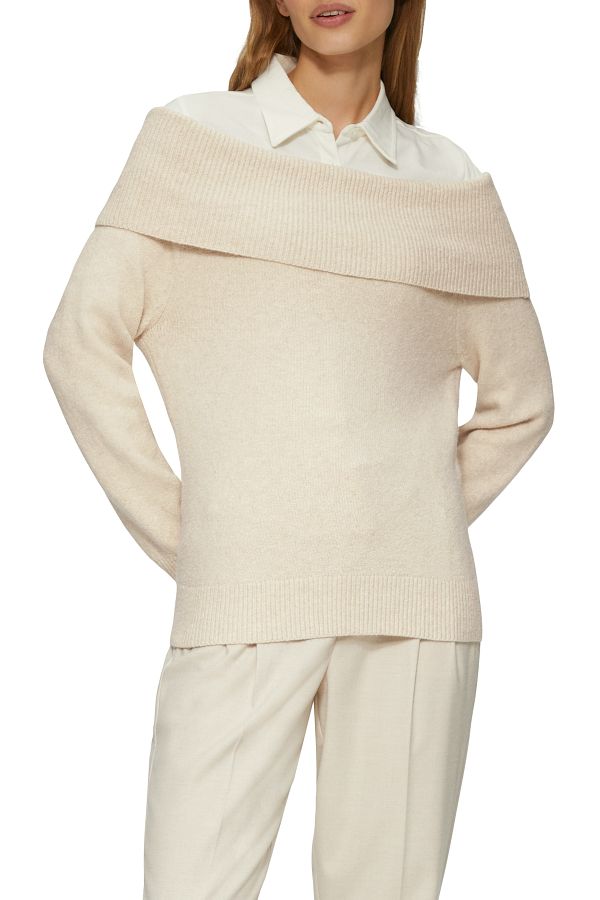 s.Oliver-Bequemer und perlmuttfarbener Strickpullover – Off-Shoulder, Soft Inside 1