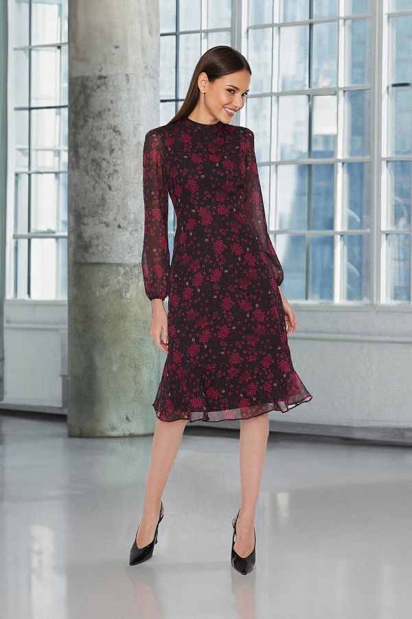 Trendyol Collection-Imprimeu floral roz - Rochie midi din șifon în formă de A, guler vertical - TWOAW20EL1313 1