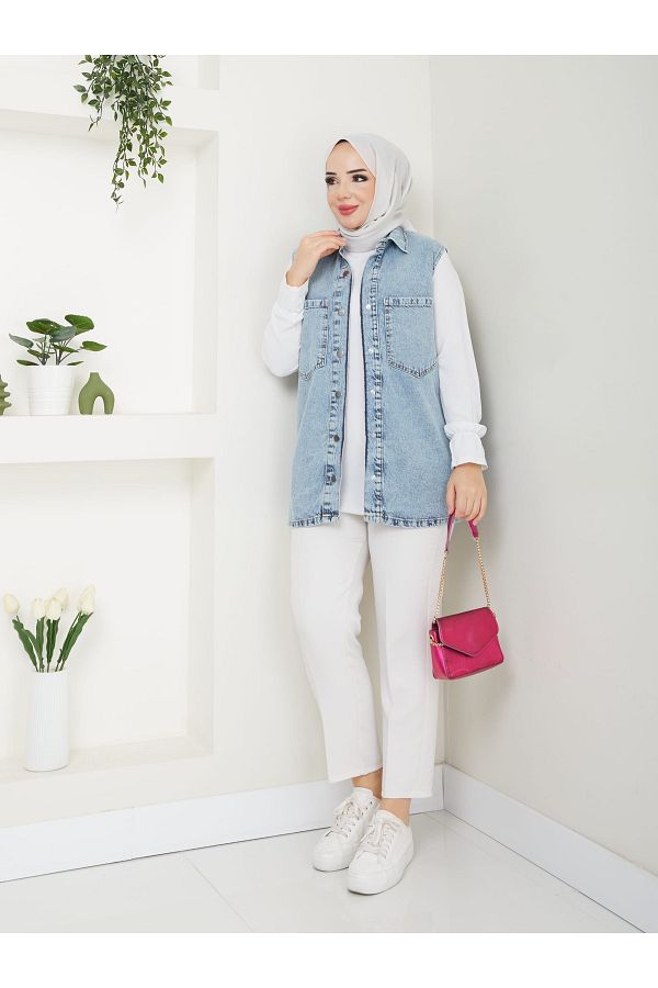 KEJAN TEKSTİL-Sleeveless Denim Vest - Snap Design 1