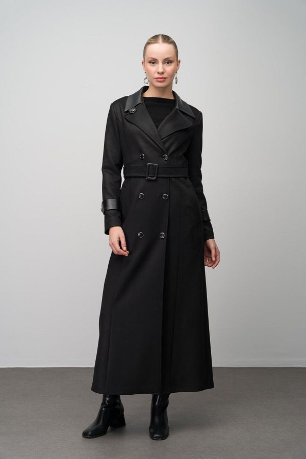 Olcay-Gabardine Suede Look duplasoros bőrkabát - FEKETE 6647 1