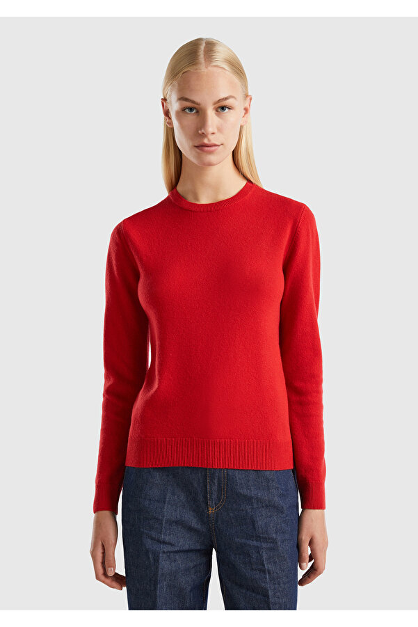 United Colors of Benetton Women's Red Crew Neck Merino Sweater