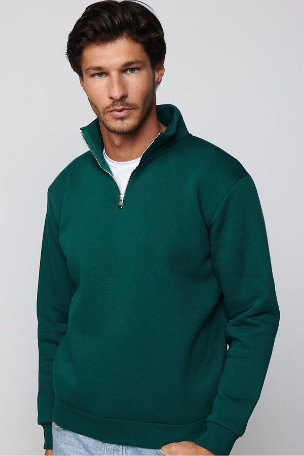 Tudors Unisex Relax Fit Comfortable Cut Cotton Fleece Inside Half Zipper Khaki Stand Collar Sweatshirt Trendyol