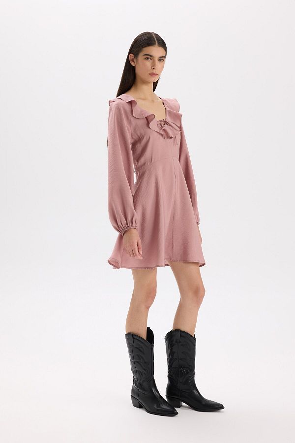 DeFacto-V Neck Basic Plain Modal Long Sleeve Black Mini Dress E4213Ax24Wn 1