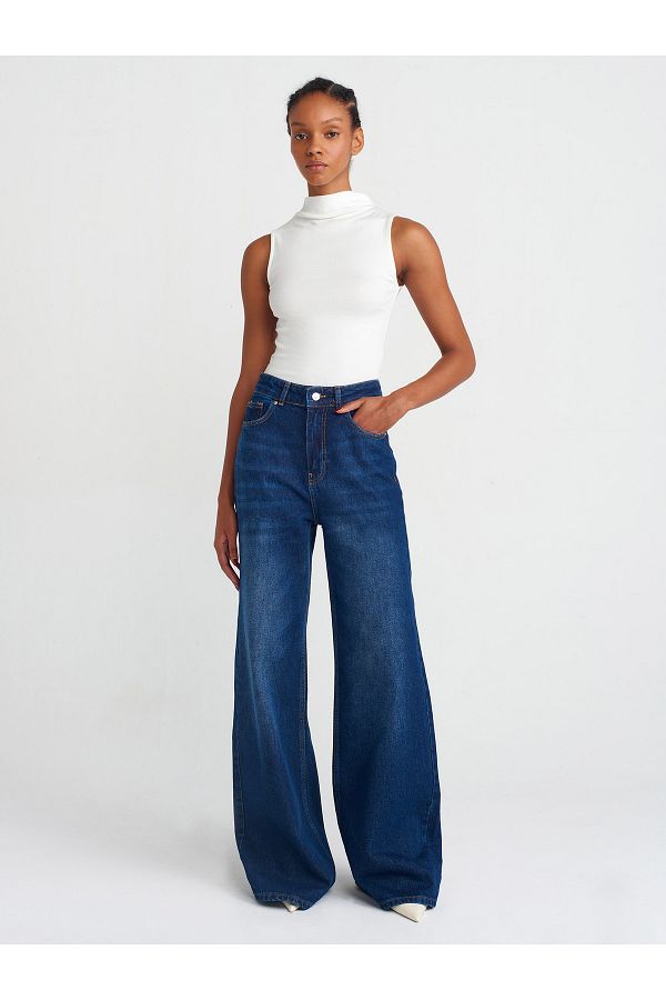 Dilvin-71746 Pantaloni largi din denim de culoare închisă-albastru marin 1