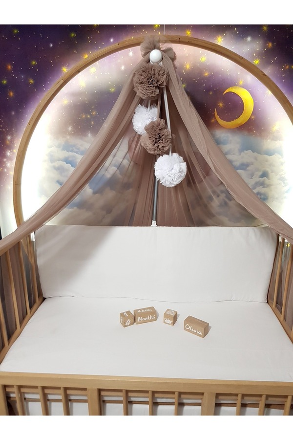 bebek_iklimi Bebek Lüks Cibinlik Takımı - Kahverengi Ve Beyaz Dört Ponponlu - 6 Metre Likra Tül (APARAT DAHİL)