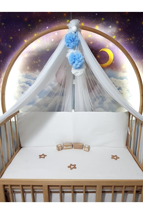 bebek_iklimi Bebek Lüks Cibinlik Takımı - Beyaz 6 Metre Likra Tül - Beyaz Ve Mavi Dört Ponponlu (APARAT DAHİL)