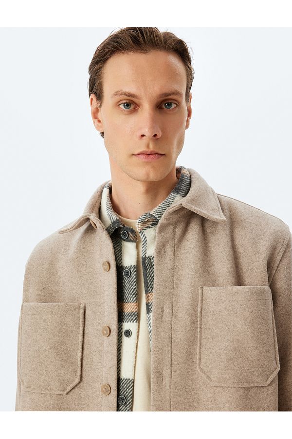 Koton-Viskose-Mischgewebe Regular Fit Langarm-Kaschmir-Hemdjacke mit Taschendetail 1