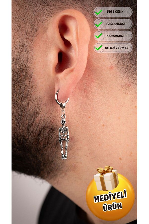 Piercing Market Steel & Silver-Men's Steel Ring Dangle Skeleton Earrings Rust No Darkening 1