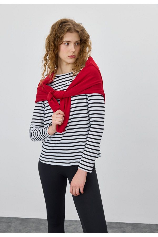 TUBİA-Women's Black and White Striped Long Sleeve T-Shirt 1