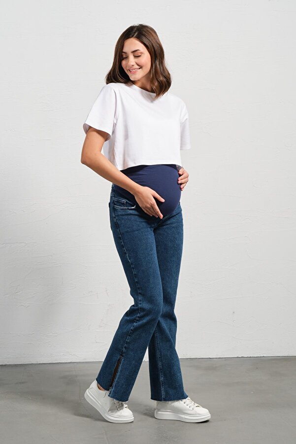 BUSA Hamile Esnek Karın Bantlı Bol Paça Beli Ayarlanabilir Kot Pantolon MAVİ