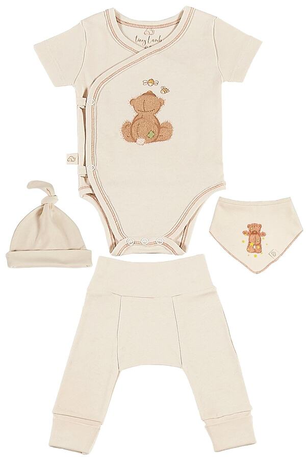tinylamb Fluffy Bear 4 Parça Unisex Bebek Kısa Kollu Pamuk Zıbın Pijama Bere Bandana Mini Yenidoğan Takımı