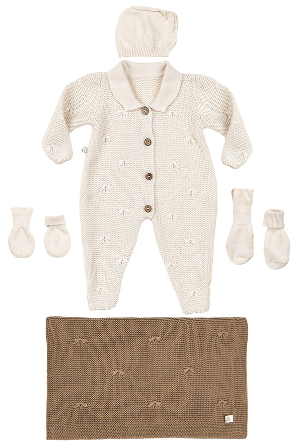 tinylamb Unisex 5 Parça Bebek Özel Örgü Triko Tulum ve Battaniyeli Hastane Çıkışı Seti - 0-3 Ay