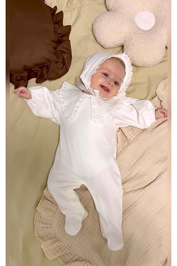 Jammybaby Üçgen Yaka Fisto Dantelli %100 Pamuk Penye Kız Bebek Tulum Lore Şapka Eldiven yenidoğan Takım