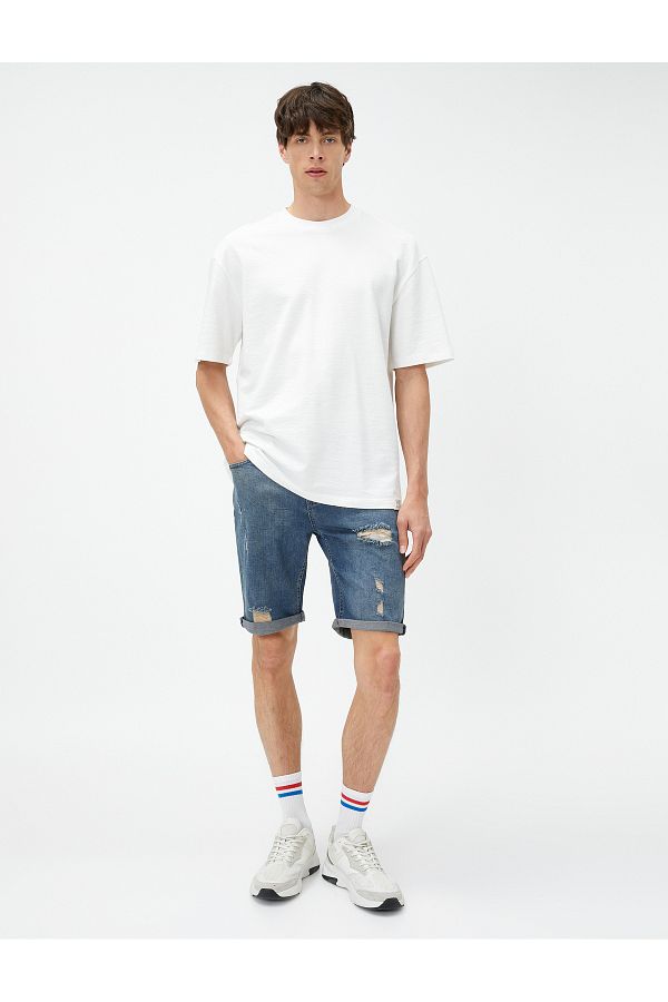Koton-Bermuda Ripped Denim Shorts with Fold Detail Buttons and Pockets 1