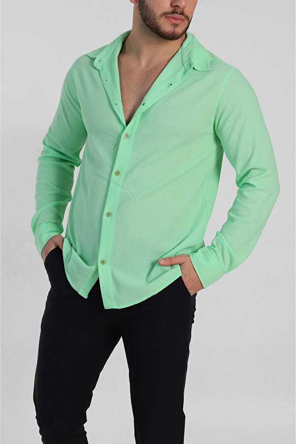 vuvutasarım-New Season Pistachio Green Slim Fit Honeycomb Textured Long Sleeve Men's Shirt 1