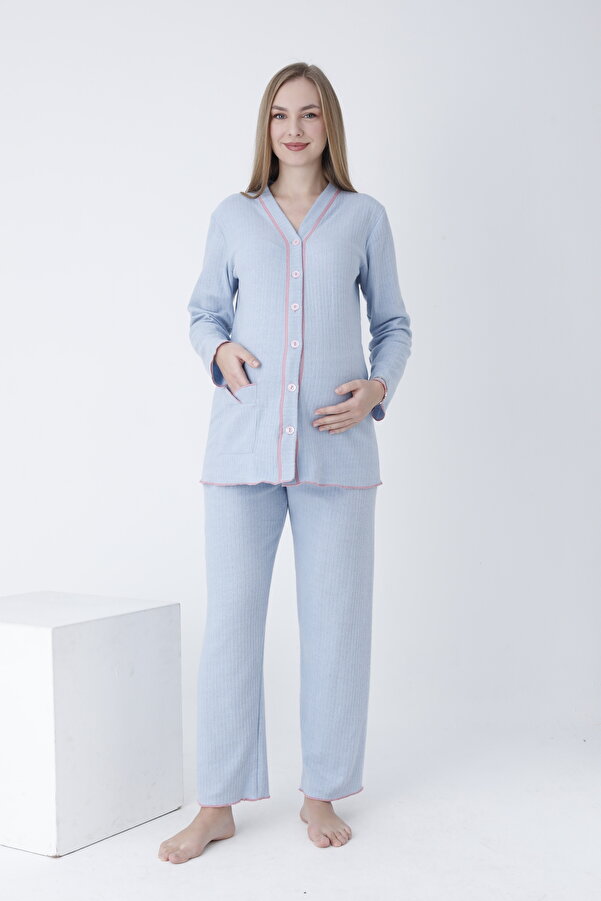 Miss Dünya Lissa Önden Düğmeli Ayarlanabilir Bel Kol ve Paça Fırfır Detaylı Hamile ve Lohusa Pijama Takımı