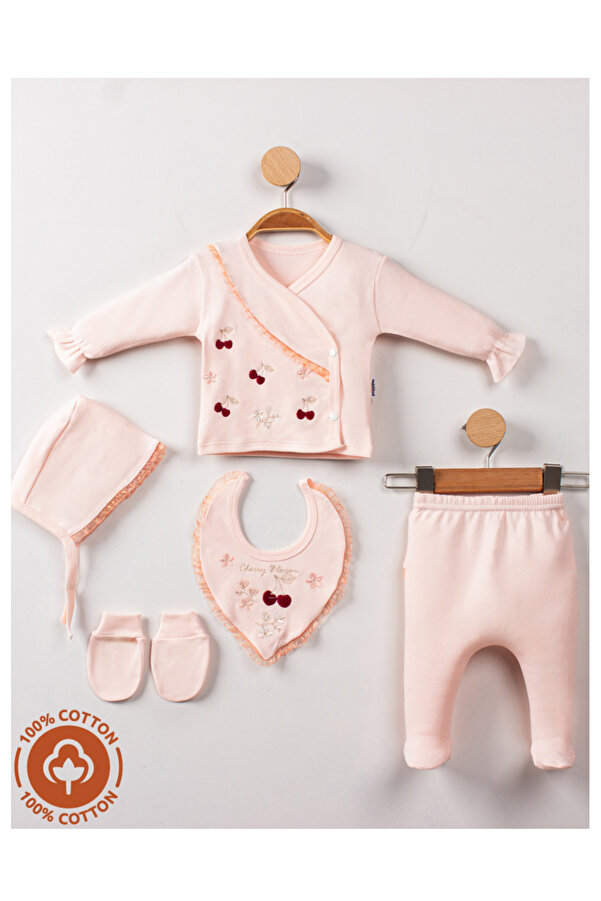 Miniel Kız Bebek Dantel Detaylı Kiraz Nakışlı Lora Şapkalı 5'li Yenidoğan Bebek Hastane Çıkışı Seti