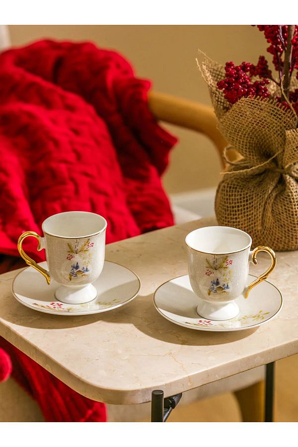 LC Waikiki-Lcw Home Ecru Printed 2-Person Porcelain Coffee Cup Set 90 ml 1