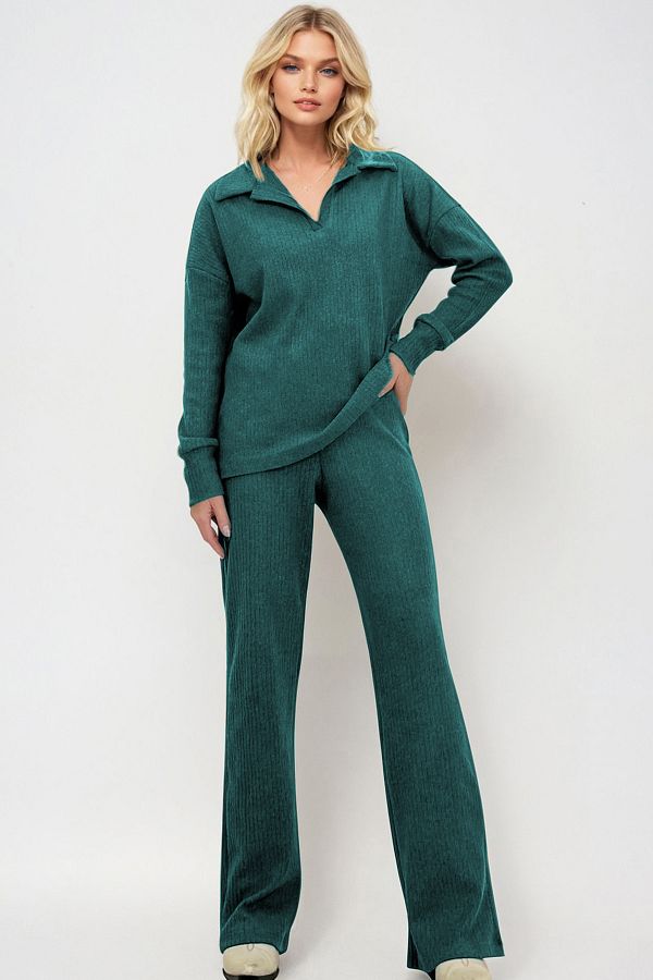 Trend Alaçatı Stili-Petrolblaues Damen-Top- und Palazzon-Hosen-Set mit Polokragen – ALC-796-001 1