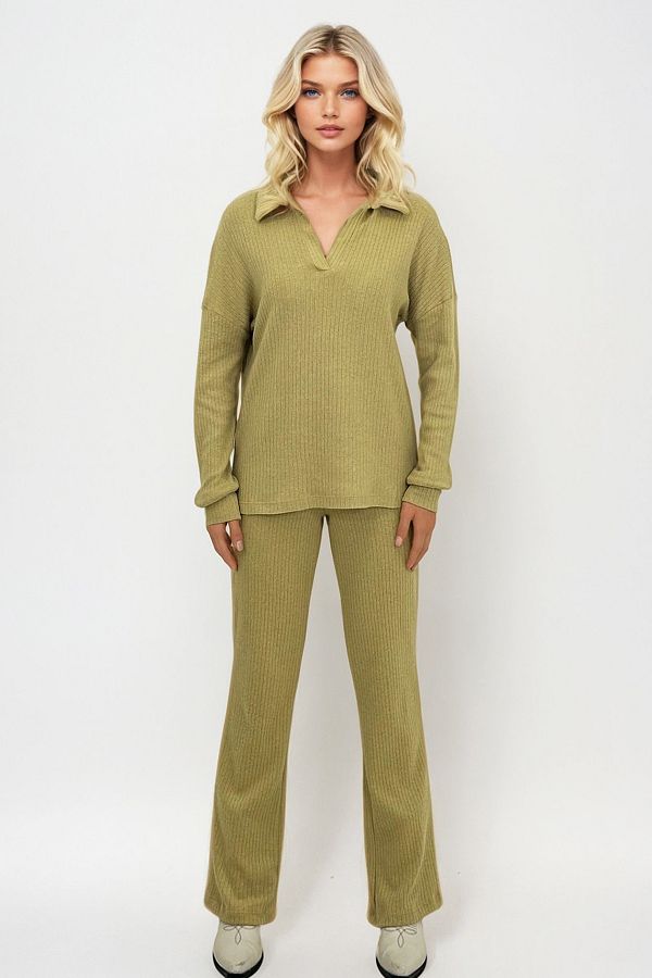 Trend Alaçatı Stili-Ölgrünes Damen-Set mit Polokragen und Palazzon-Hose – ALC-796-001 1
