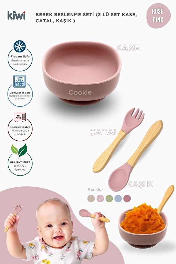 Kiwi 3 parça Kase Çatal Kaşık Beslenme Seti - Doğal Silikon BPA içermez- Rose Pink
