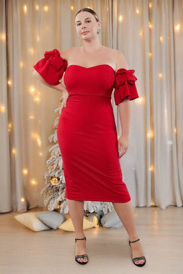 Trendyol Curve Red Woven Lined Evening Dress Suitable for Body Type TBBSS24AH00216 Trendyol