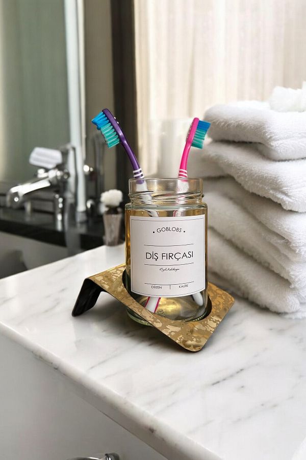 GO BLOBS-Stainless Steel - Toothbrush Holder, Gold Pattern, White Label with Stand 1