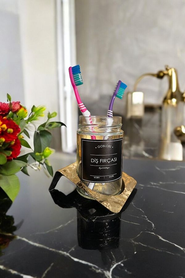 GO BLOBS-Stainless Steel Gold Patterned Stand Toothbrush Holder with Black Label 1